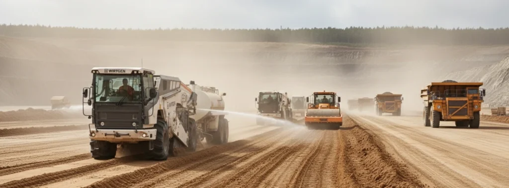 A picture of soil stabilisation in action on mine haul roads.