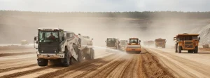 A picture of soil stabilisation in action on mine haul roads.